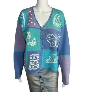 Herman Geist Vintage 90s Butterfly Knitted Color-block Cardigan Large